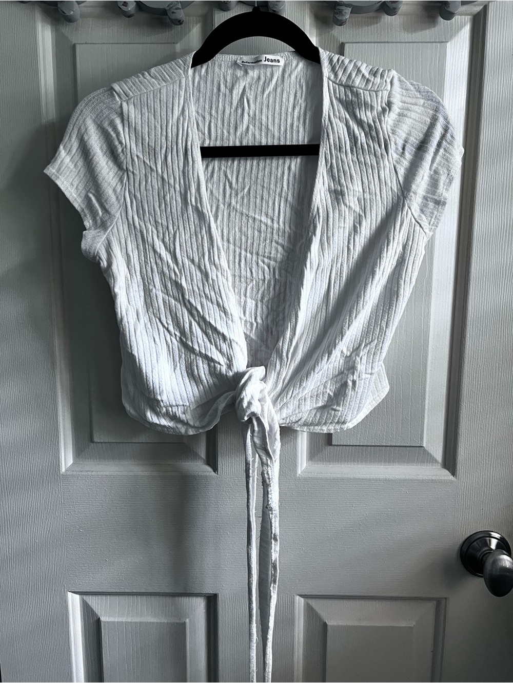 Reformation White Ribbed Tie-Front Crop Top